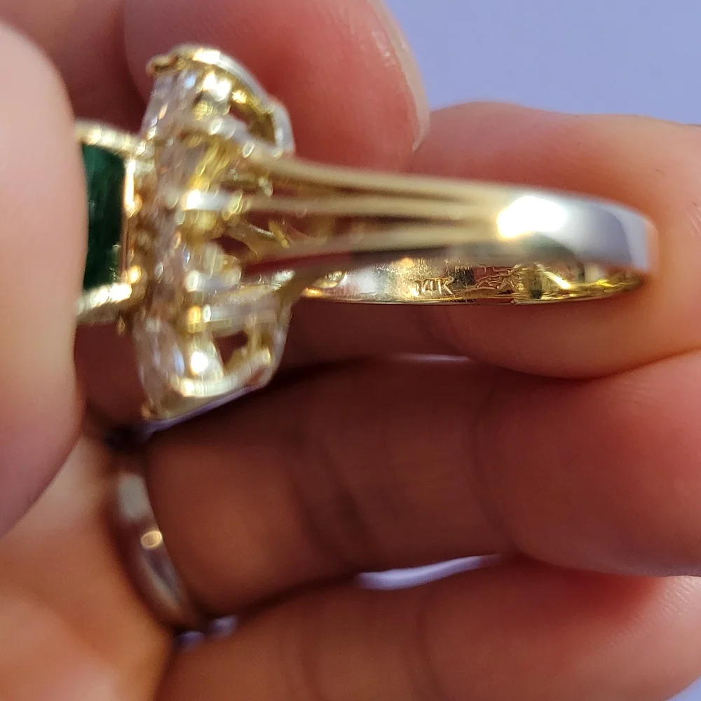 Art deco 14k yellow gold 3ct emerald diamonds ring size 8 - Picture 5 of 12